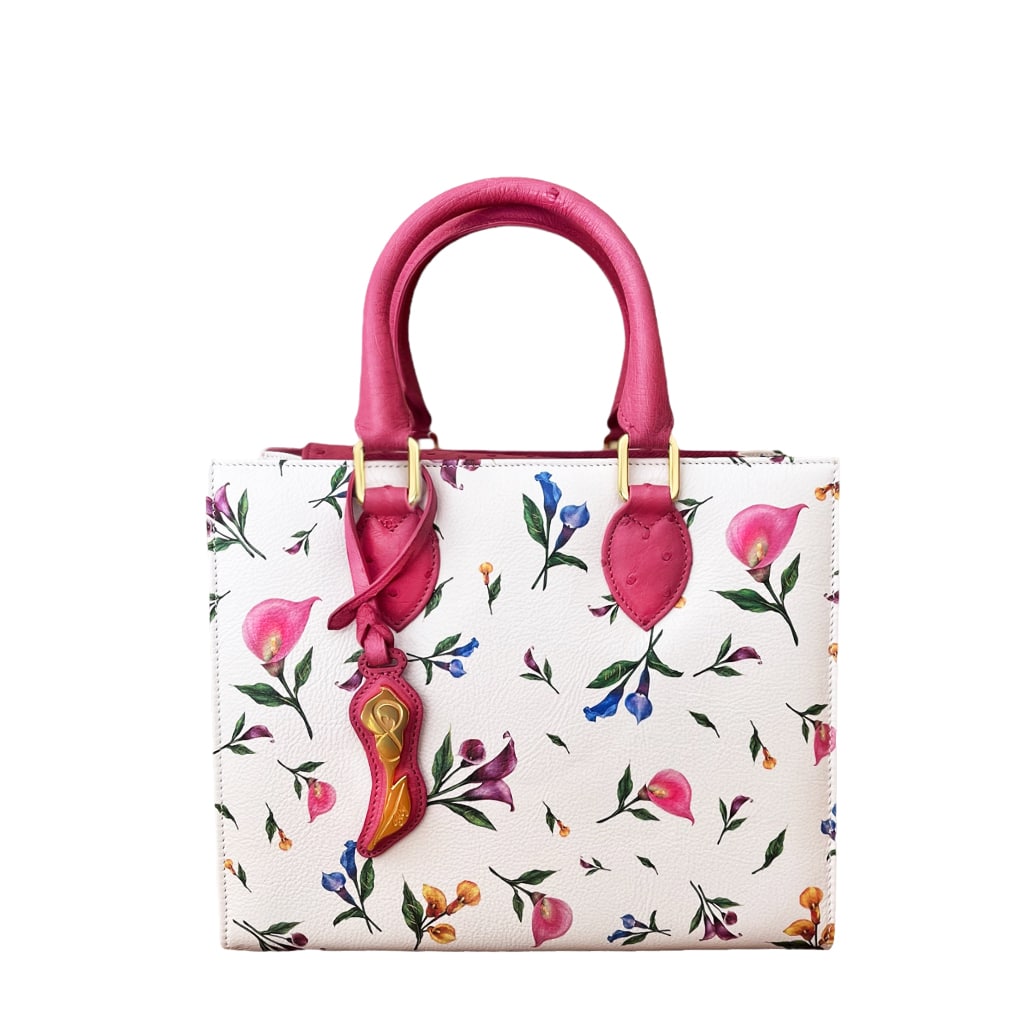 Calla Lily Leather and Pink Ostrich Small Tote – Cecy Handbags