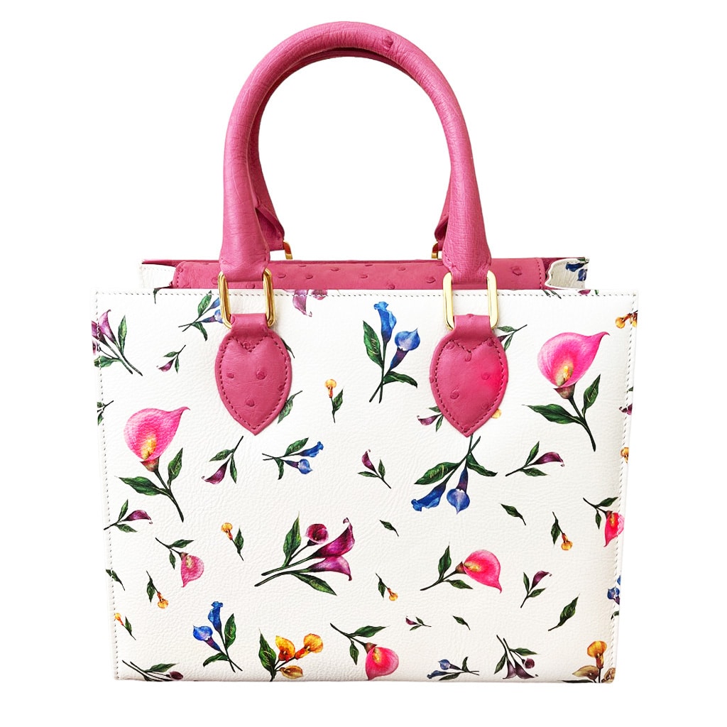Calla Lily Leather and Pink Ostrich Small Tote – Cecy Handbags